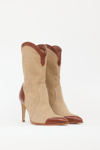 Plein Sud Brown & Beige Denim & Leather Western Boot