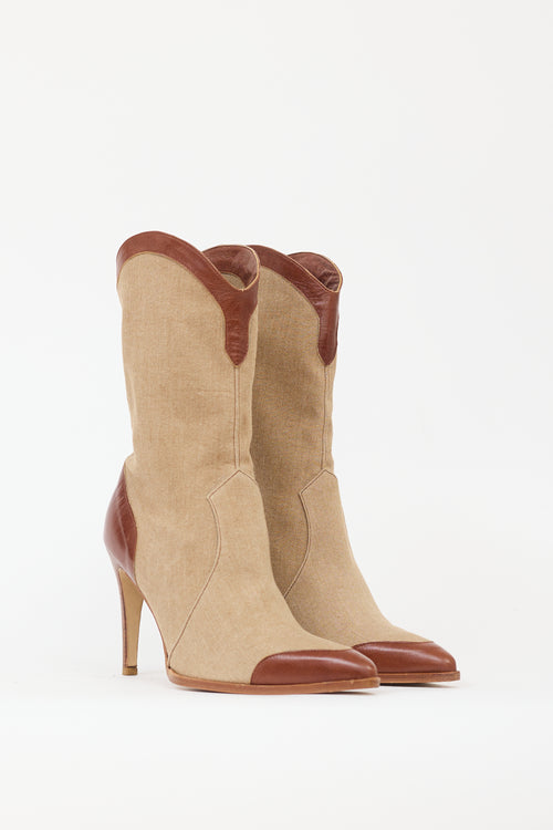 Plein Sud Brown & Beige Denim & Leather Western Boot