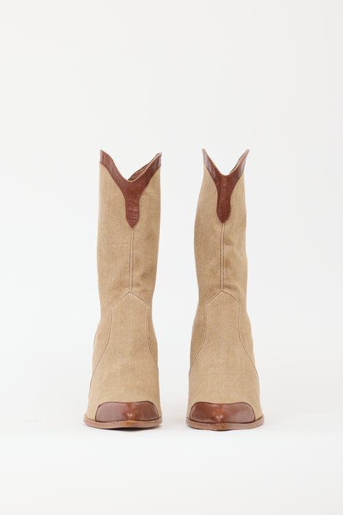 Plein Sud Brown & Beige Denim & Leather Western Boot