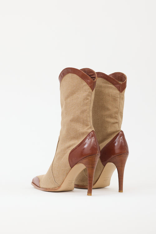 Plein Sud Brown & Beige Denim & Leather Western Boot