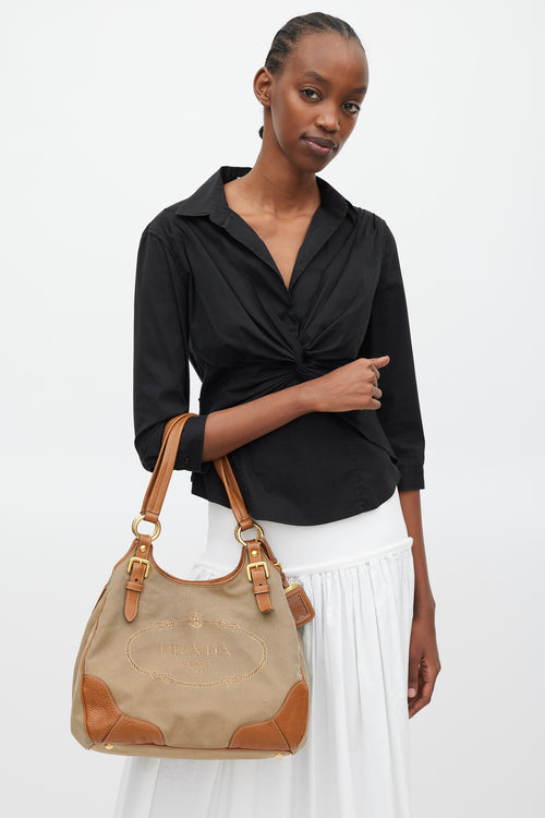 Prada 2009 Brown & Gold Leather Jacquard Logo Bag