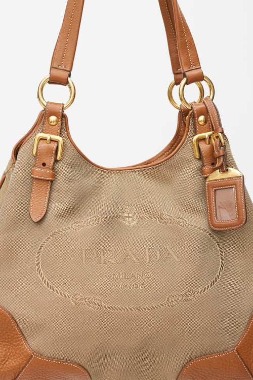 Prada 2014 Brown & Gold Leather Jacquard Logo Bag