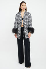 Prada 2018 Black & White Printed Feather Trim Robe