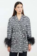 Prada 2018 Black & White Printed Feather Trim Robe