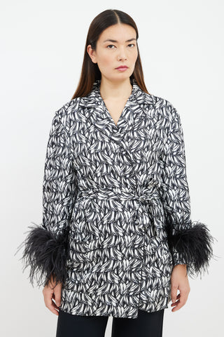Prada 2018 Black & White Printed Feather Trim Robe