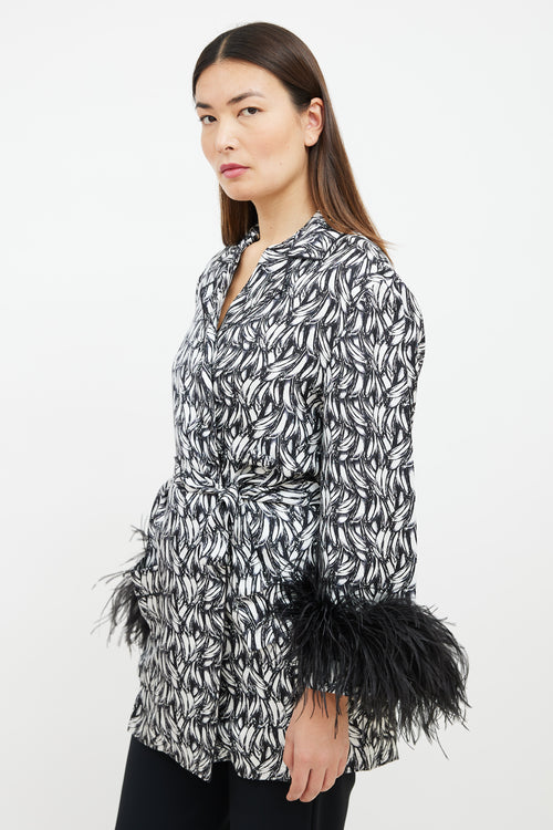 Prada 2018 Black & White Printed Feather Trim Robe