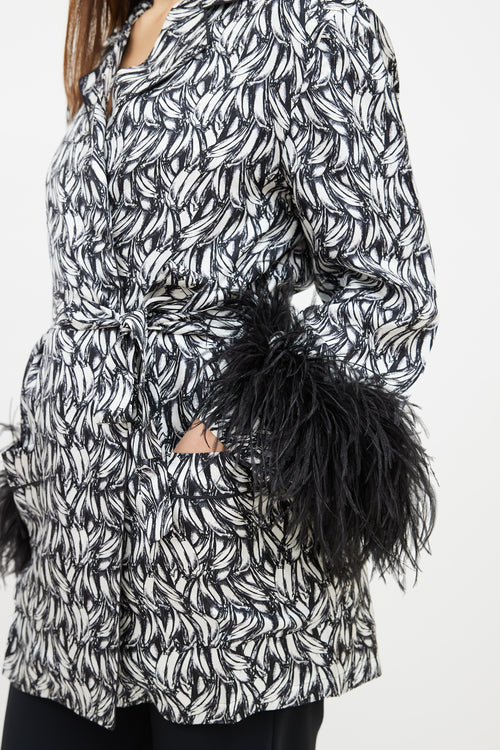 Prada 2018 Black & White Printed Feather Trim Robe
