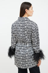 Prada 2018 Black & White Printed Feather Trim Robe