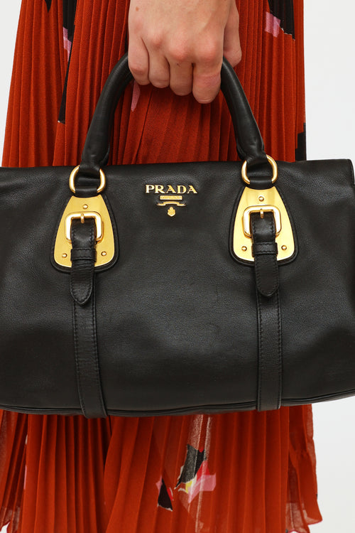 Prada Black Soft Calf Leather Gold Buckle Bag
