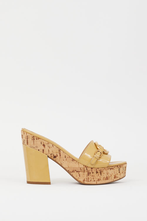 Prada Beige Patent Leather Cork Heeled Sandal