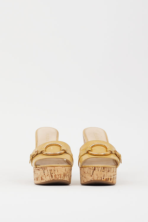 Prada Beige Patent Leather Cork Heeled Sandal