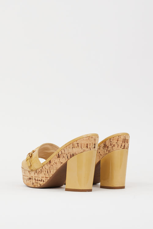 Prada Beige Patent Leather Cork Heeled Sandal