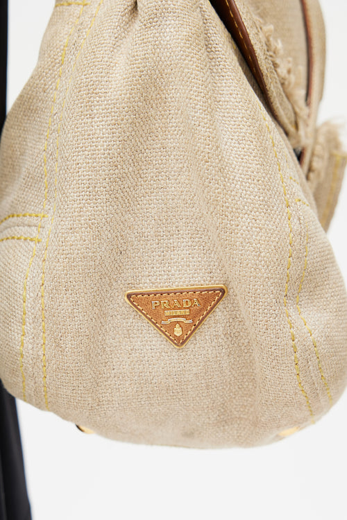 Prada Beige Pattina Sottospalla Fringe Linen Shoulder Bag