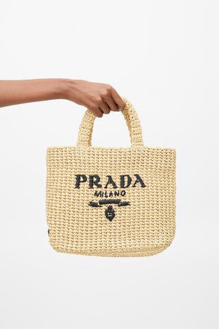 Prada Beige & Navy Raffia Woven Tote