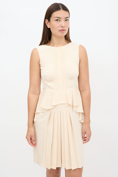 Prada Beige Silk Pleated Front Peplum Midi Dress