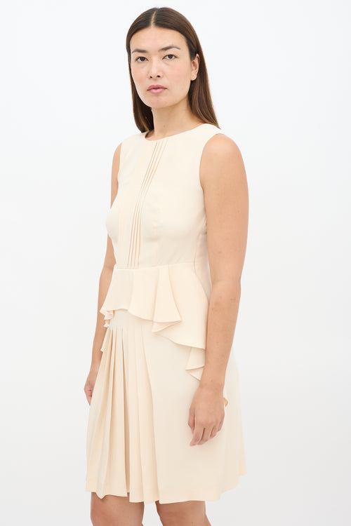 Prada // Beige Silk Pleated Front Peplum Midi Dress VSP Consignment Prada // Beige Silk Pleated Front Peplum Midi Dress VSP Consignment