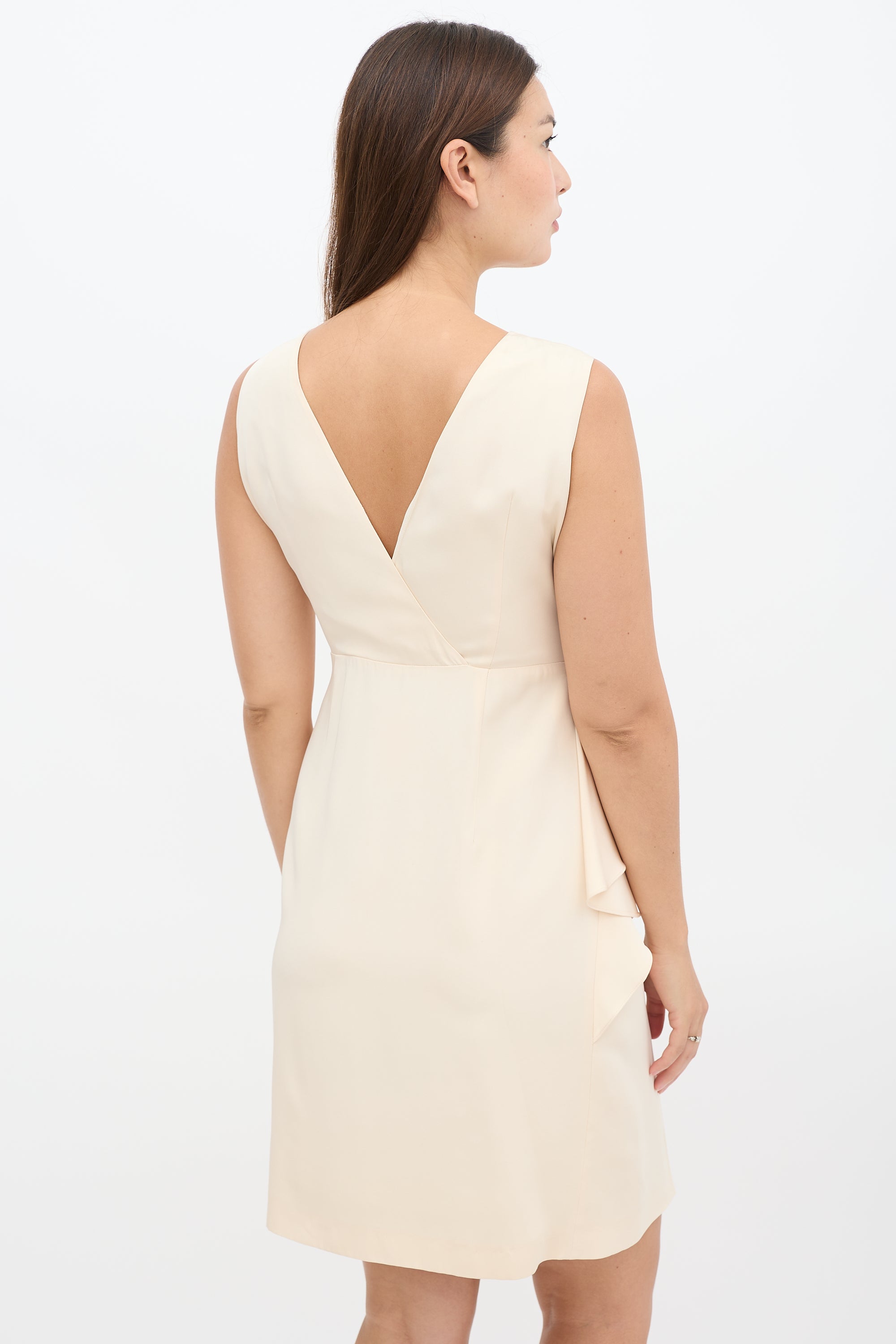 Prada // Beige Silk Pleated Front Peplum Midi Dress VSP Consignment Prada // Beige Silk Pleated Front Peplum Midi Dress VSP Consignment