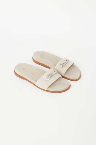 Prada Beige & Silver Buckle Slide