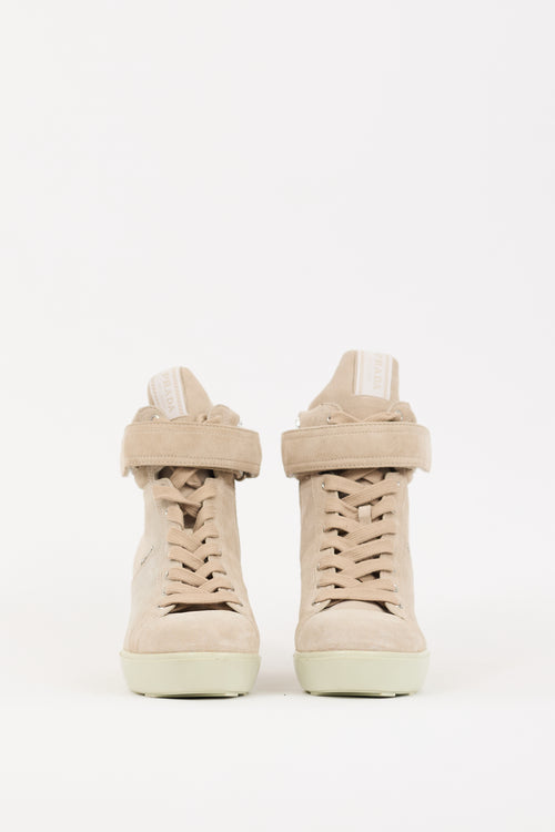 Prada Beige Suede High Top Wedge Sneaker