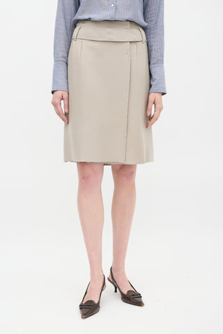 Prada Beige Wool Tacked Pleat Midi Wrap Skirt