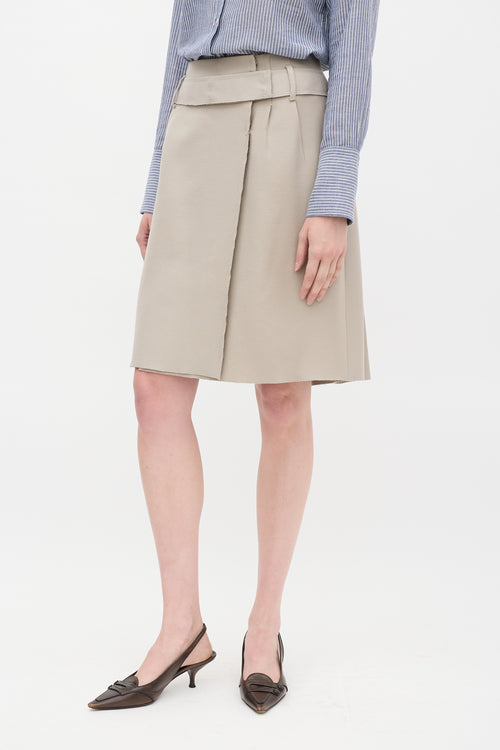 Prada Beige Wool Tacked Pleat Midi Wrap Skirt