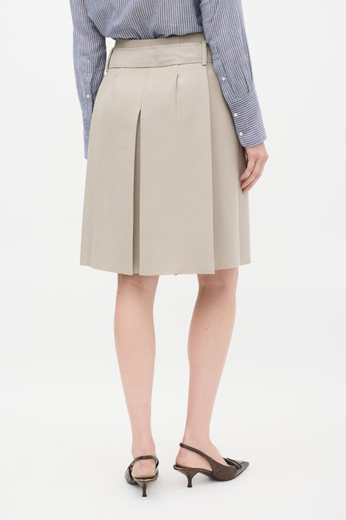 Prada Beige Wool Tacked Pleat Midi Wrap Skirt