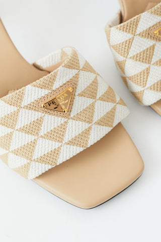 Prada Beige Canvas Embroidered Heeled Sandal