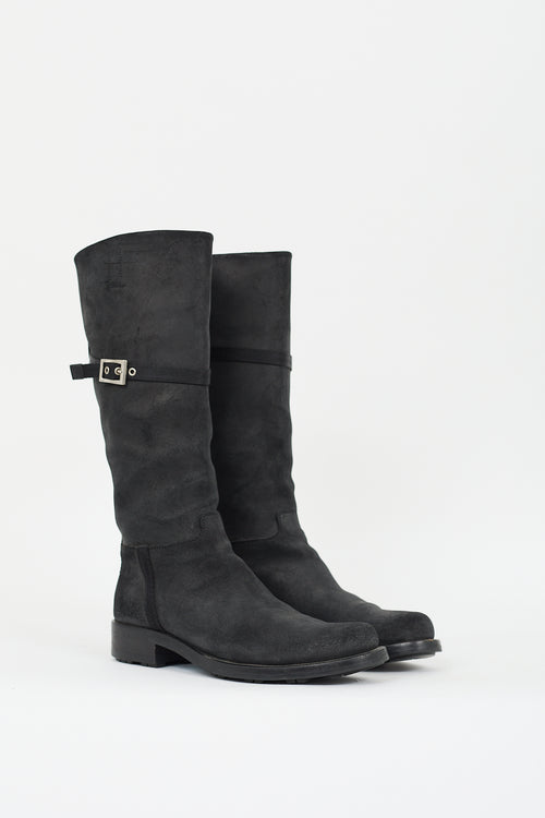 Prada Black Aged Leather Buckle Boot