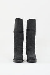 Prada Black Aged Leather Buckle Boot