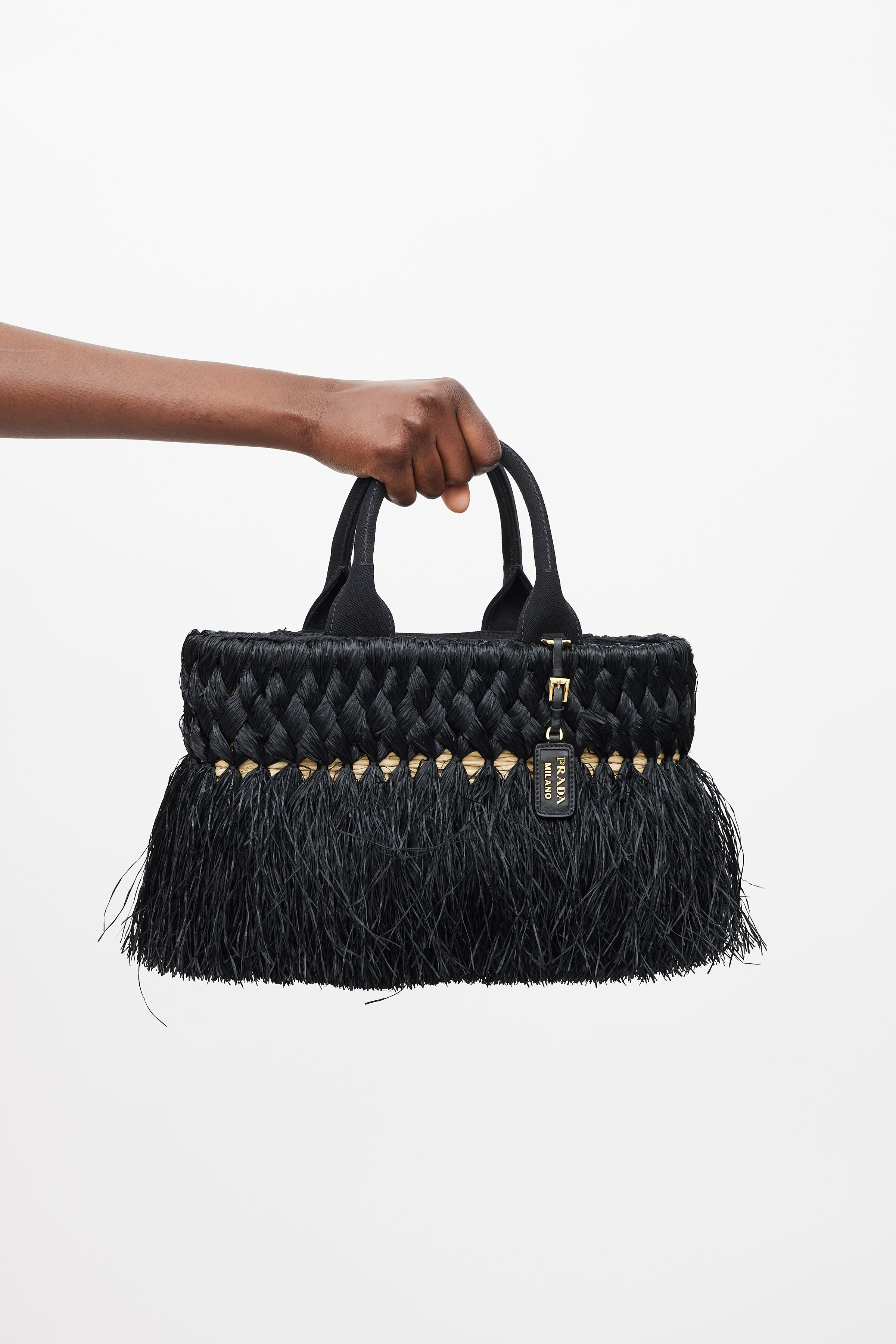 Prada // Black Beige Braided Raffia Midollino Tote Bag – VSP