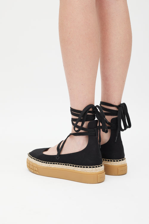 Prada Black & Beige Flatform Espadrille Sandal