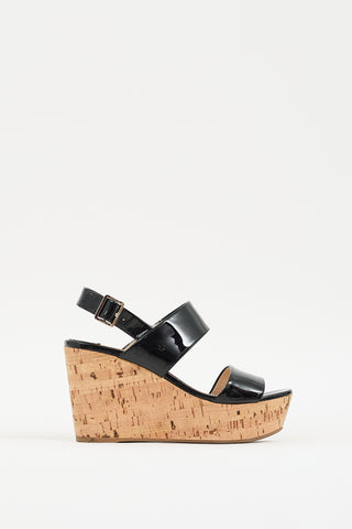 Prada Black & Brown Patent Cork Wedge Heel