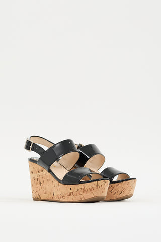 Prada Black & Brown Patent Cork Wedge Heel