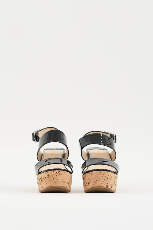 Prada Black & Brown Patent Cork Wedge Heel