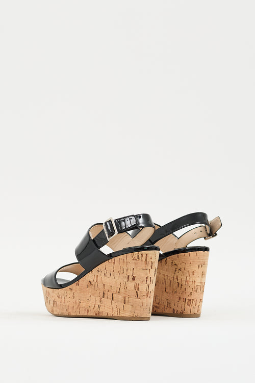 Prada Black & Brown Patent Cork Wedge Heel