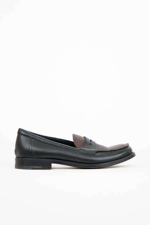 Prada Black & Brown Textured Leather Penny Loafer