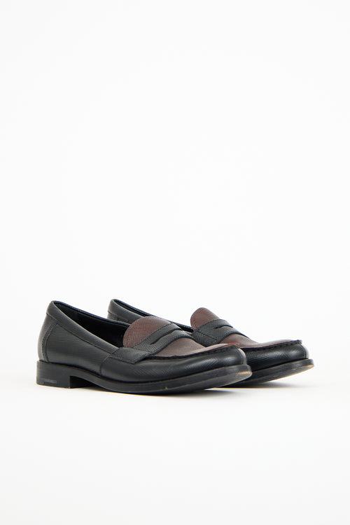 Prada Black & Brown Textured Leather Penny Loafer