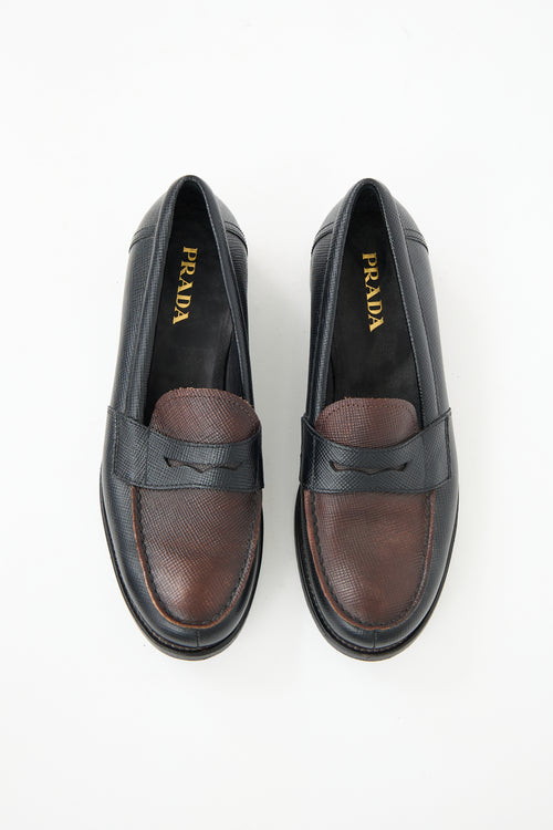 Prada Black & Brown Textured Leather Penny Loafer