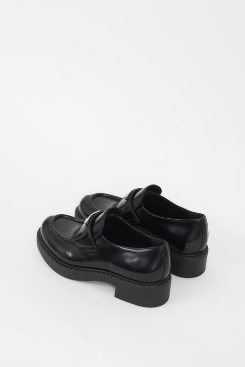 Prada Black Brushed Leather Logo Platform Loafer