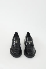 Prada Black Brushed Leather Logo Platform Loafer