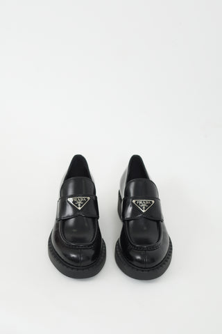 Prada Black Brushed Leather Logo Platform Loafer