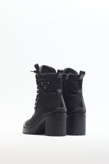 Prada Black Brushed Leather Re-Nylon Laced Ankle Boot