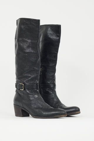 Prada Black Crackled Leather Riding Boot