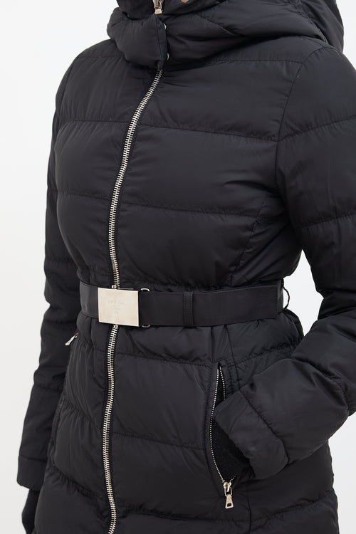 Prada Black Down & Nylon Belted Puffer Coat