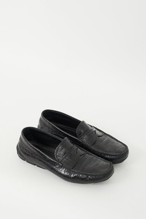 Prada Black Embossed Leather Penny Loafer