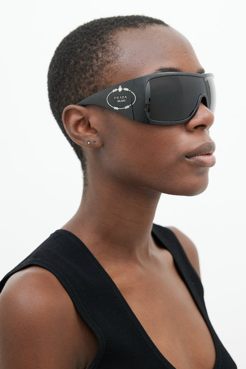 Prada Black Embossed Oversize Shield Sunglasses