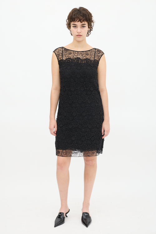 Prada Black Floral Lace Appliqué Midi Dress