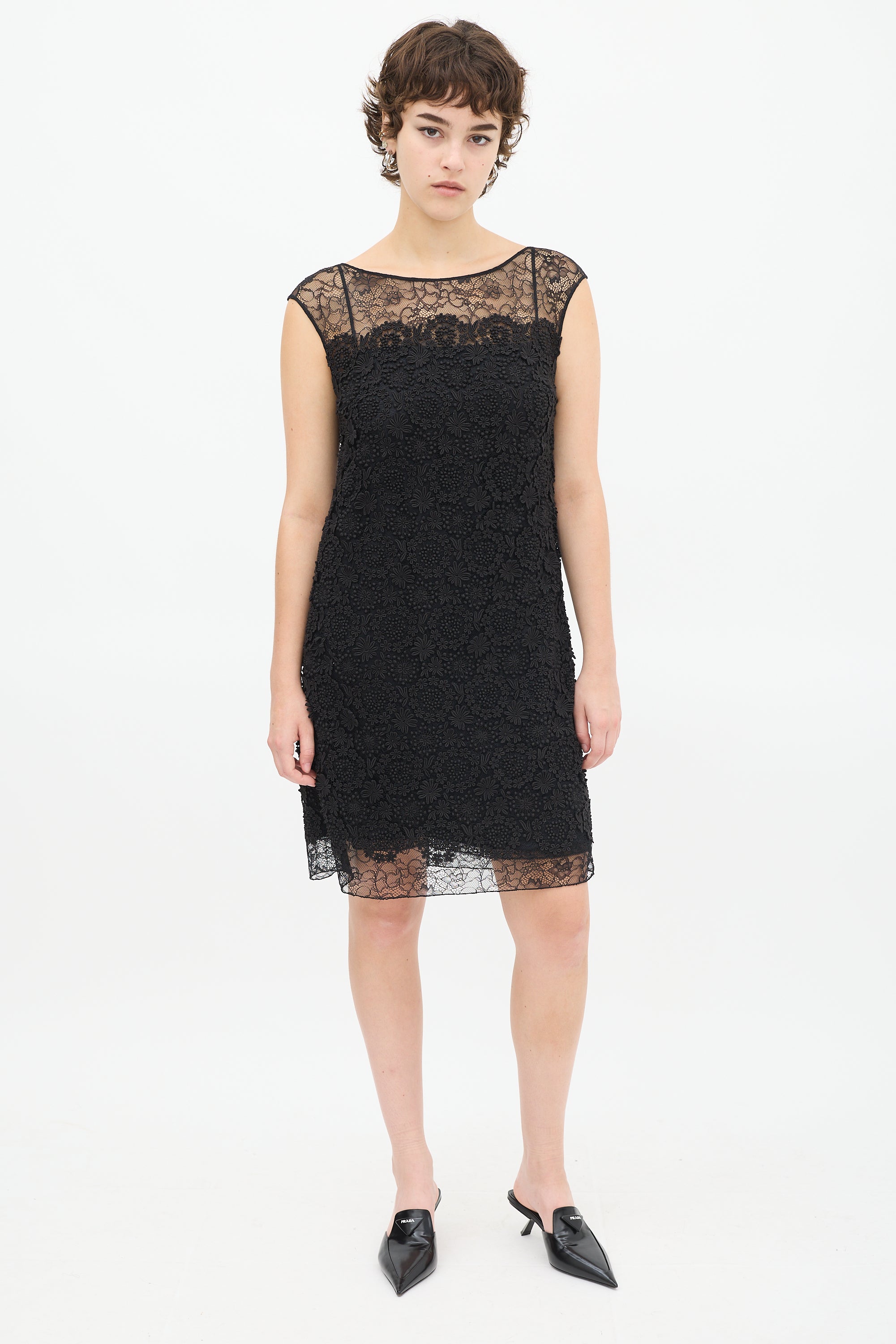 Prada // Black Floral Lace Appliqu Midi Dress VSP Consignment Prada // Black Floral Lace Appliqu Midi Dress VSP Consignment