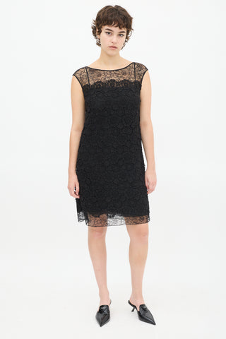 Prada Black Floral Lace Appliqué Midi Dress