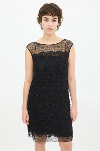 Prada Black Floral Lace Appliqué Midi Dress